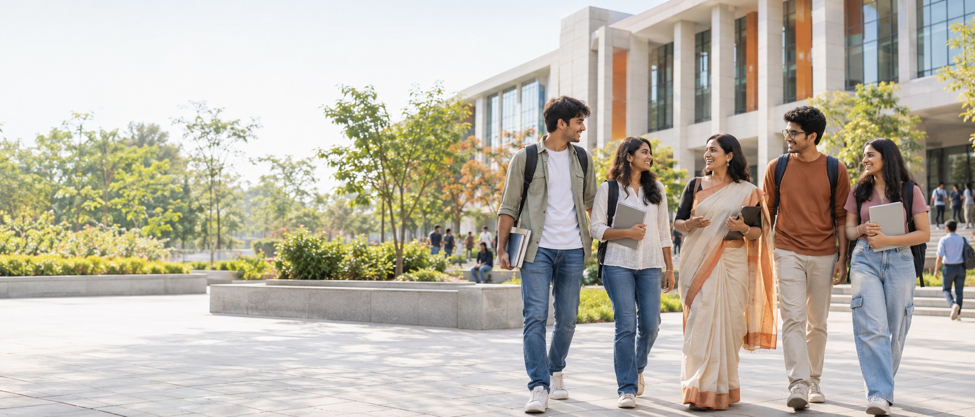 Students and faculty walking together on a modern university campus